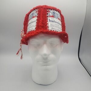 Handmade Crocheted Red Beer Can‎ Hat Cap BUDWEISER Vintage 70s Style